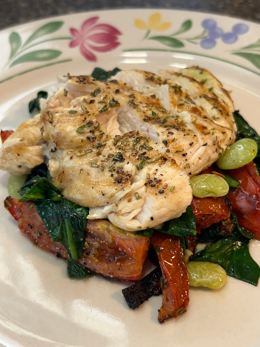Rosemary Thyme Chicken with Spinach, Lima Beans and Roasted Tomatoes