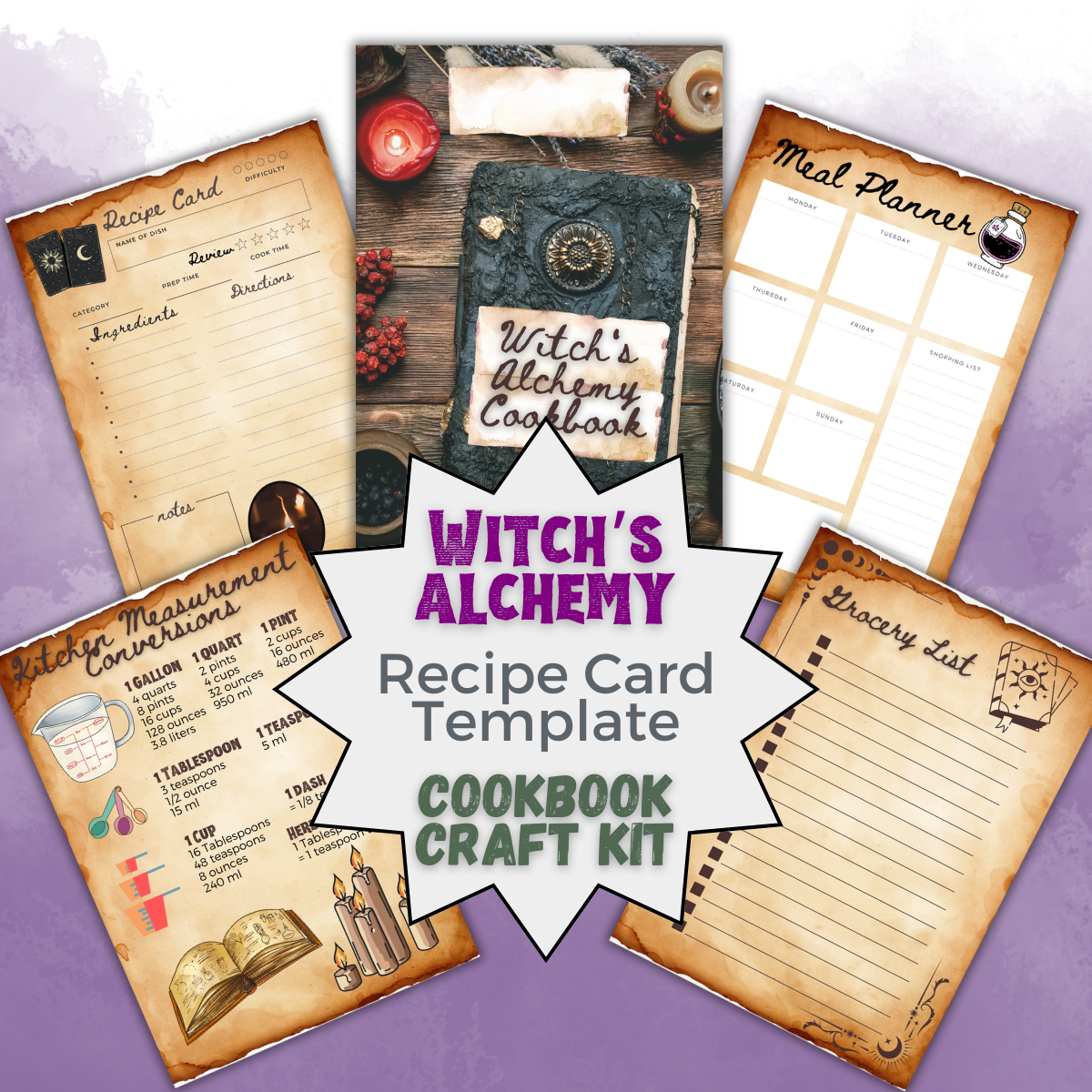 Witch's Alchemy Cookbook Recipe Card Template