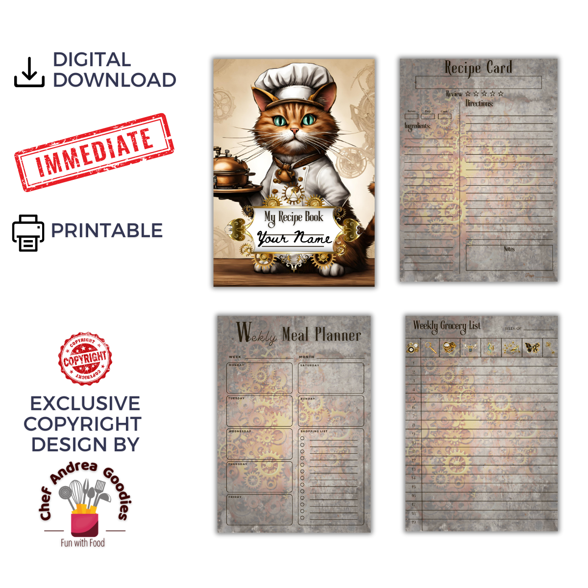 Steampunk Chef Cat Cookbook Recipe Card Template